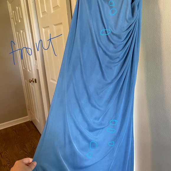 Steel Blue David’s Bridal High-Neck Ruched Mesh Bridesmaid Dress - Picture 14 of 16